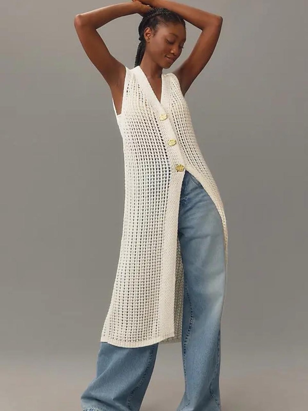 Women's Cream Crochet Long Vest - Sleeveless Button Front